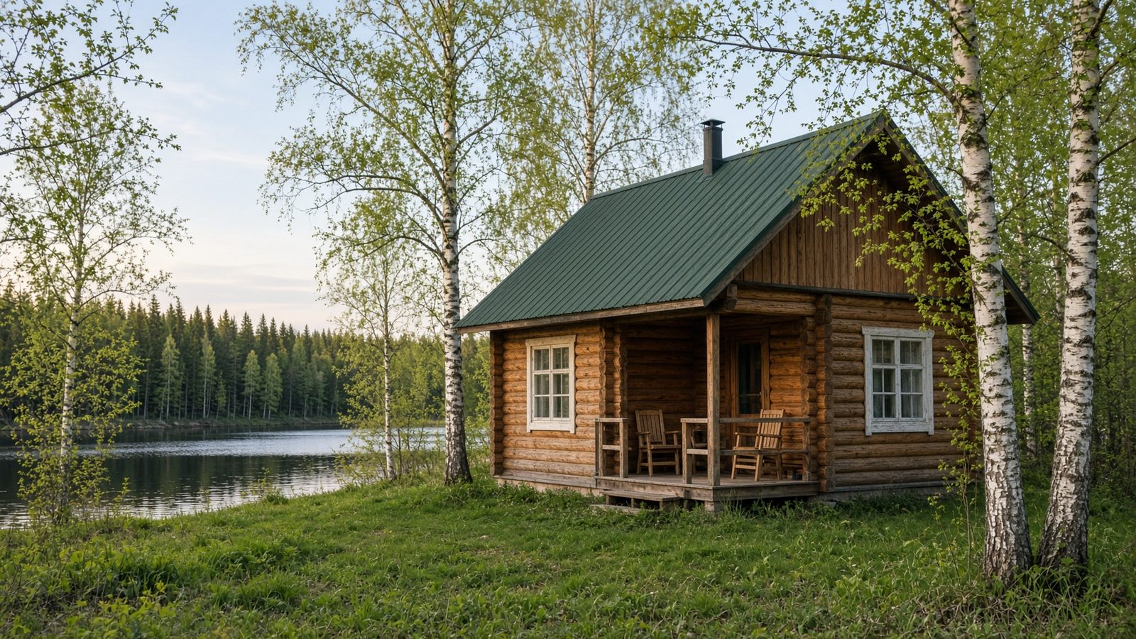 Hirsimökki keväällä järven rannalla koivujen keskellä