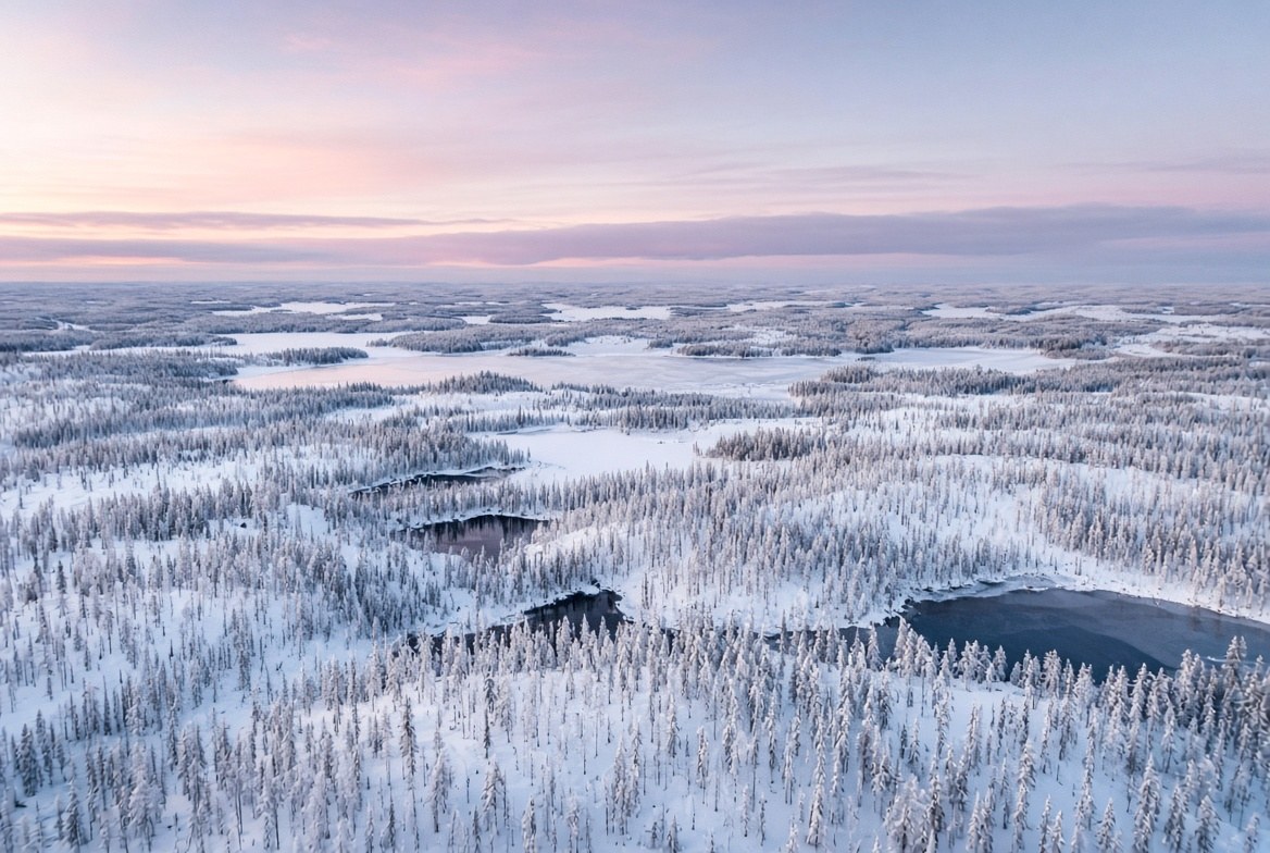 Talvinen ilmakuva Pohjois-Karjalan järvistä ja metsistä