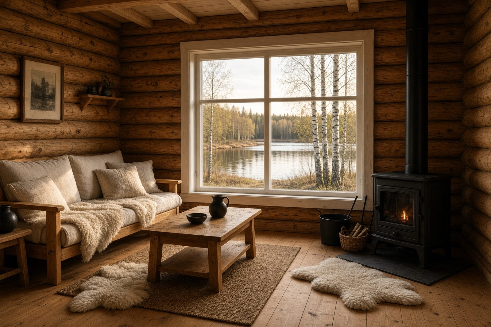 Mökin tupa, takka ja näkymä järvelle