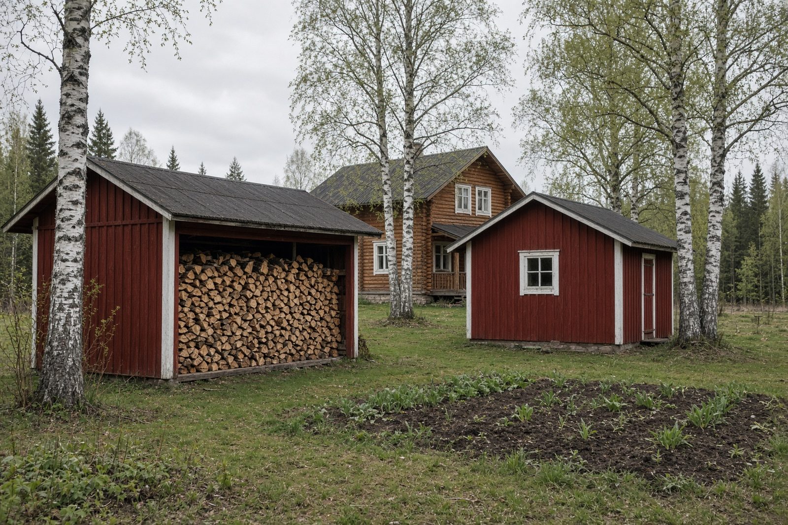 Punaiset hirsiaitat ja polttopuut pihapiirissä