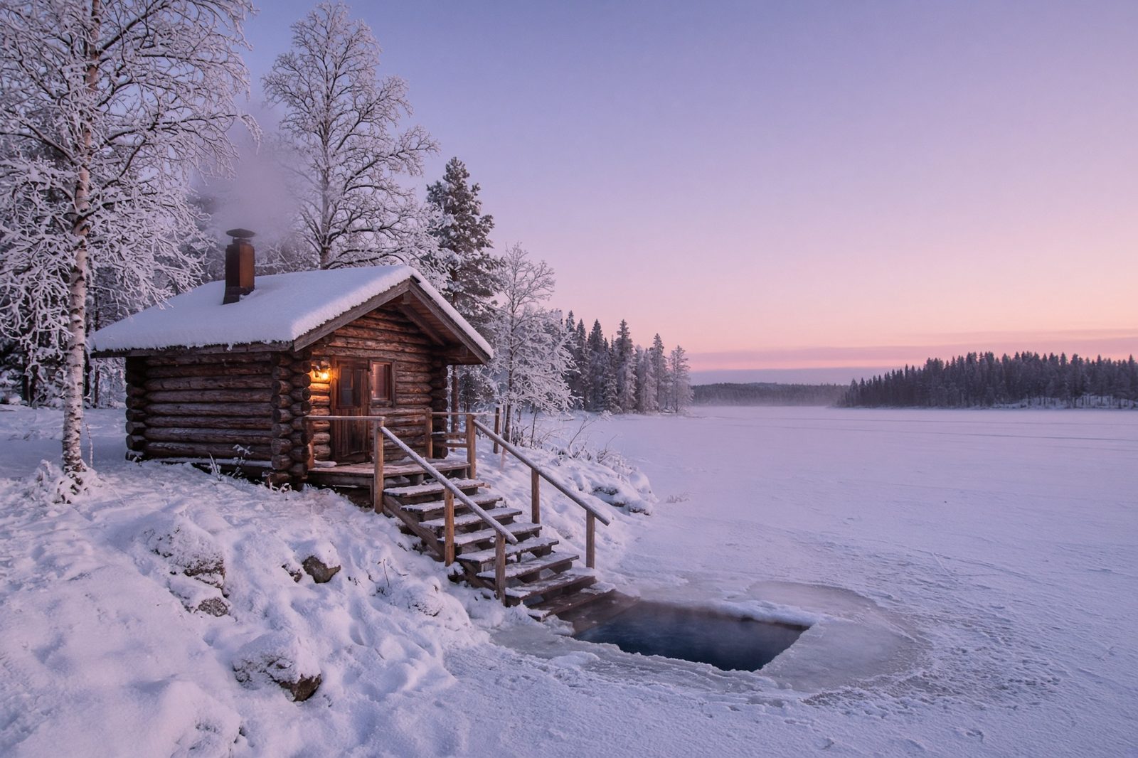 Rantasauna talvella, avanto jäässä